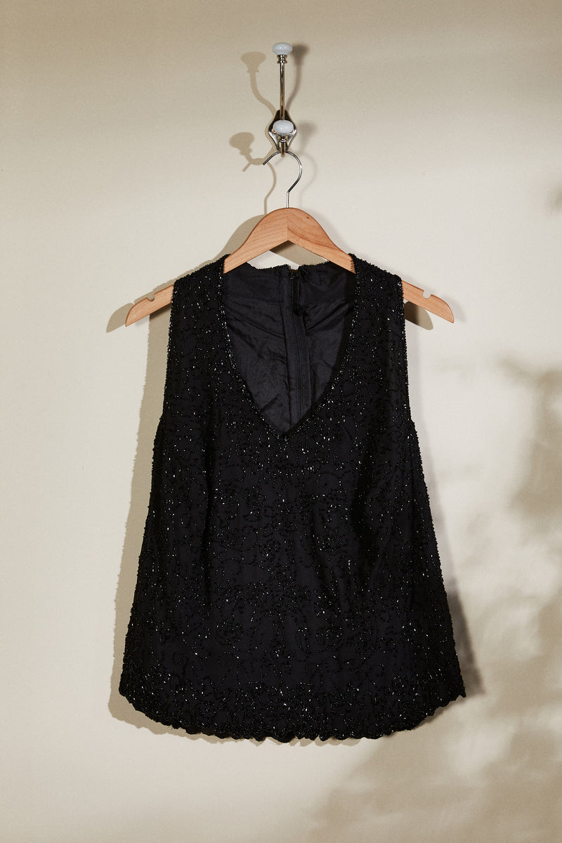 Black embroidered silk tank top