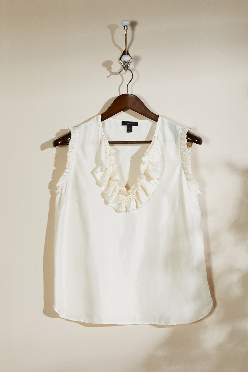 Ecru ruffled silk tank top