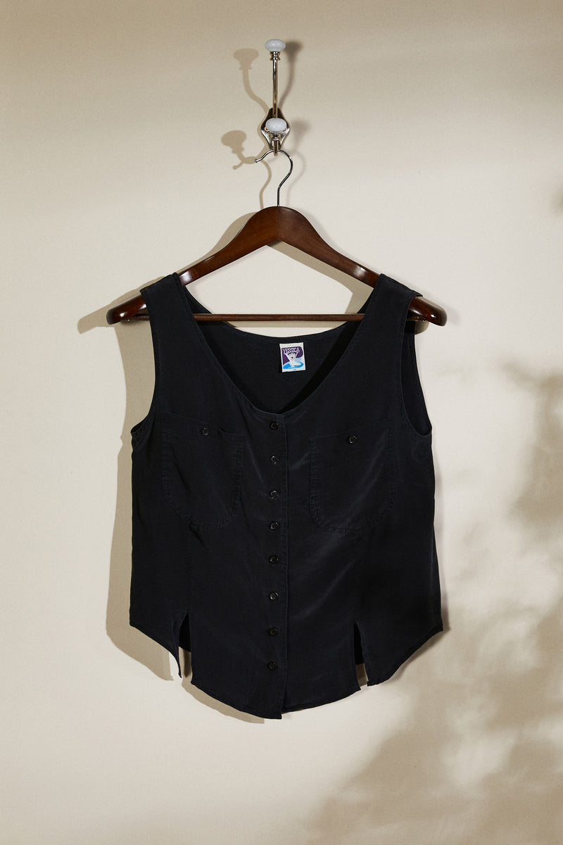 Chemise sans manche ajustée en soie noir