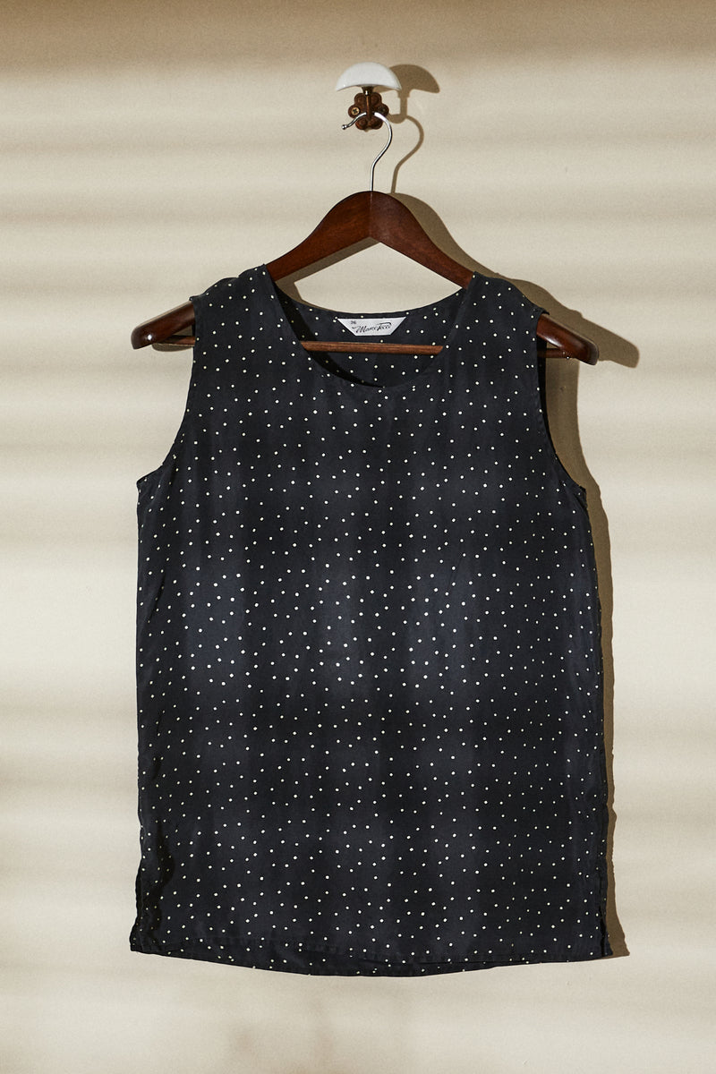 Black polka dot silk tank top