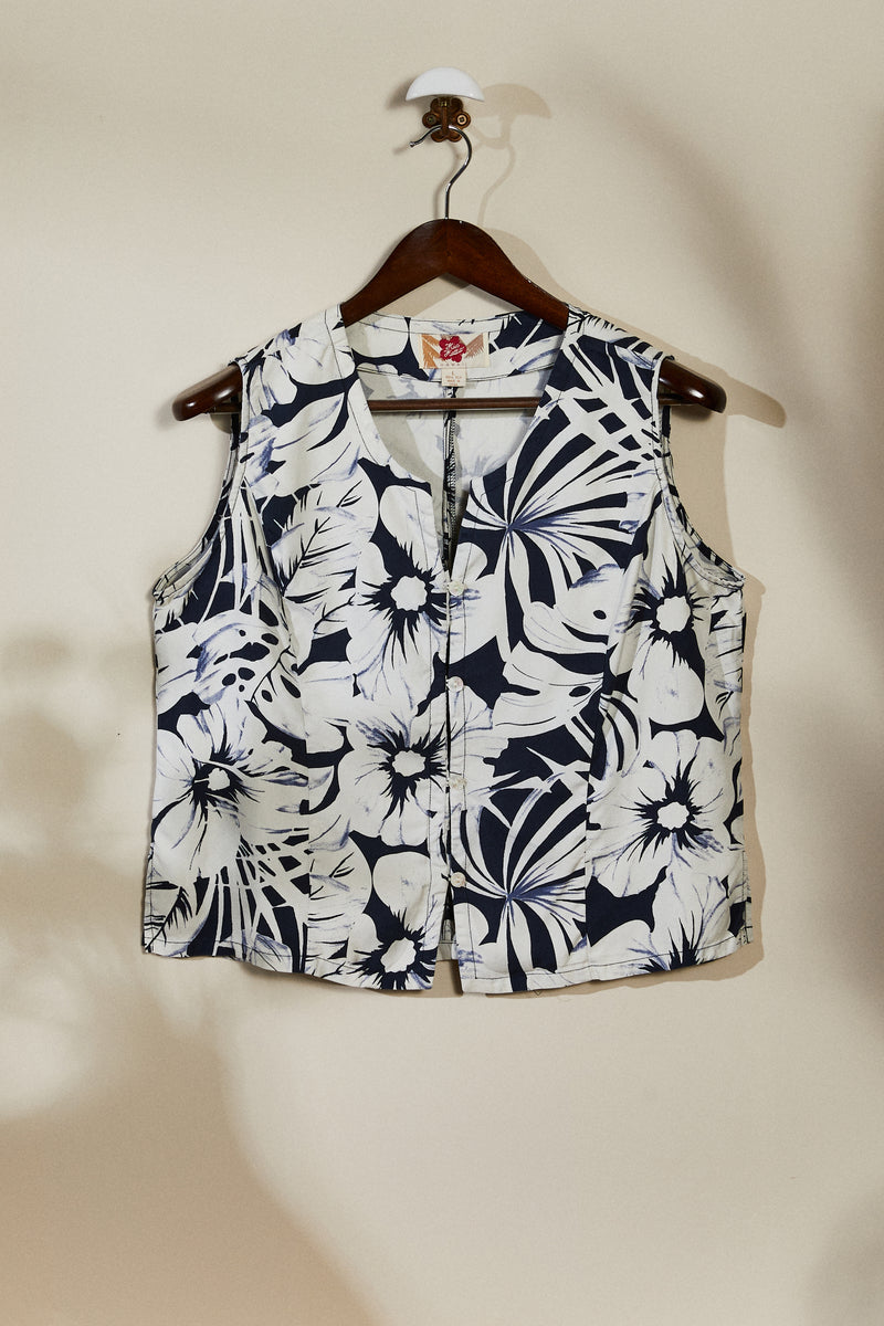 Navy floral silk sleeveless shirt