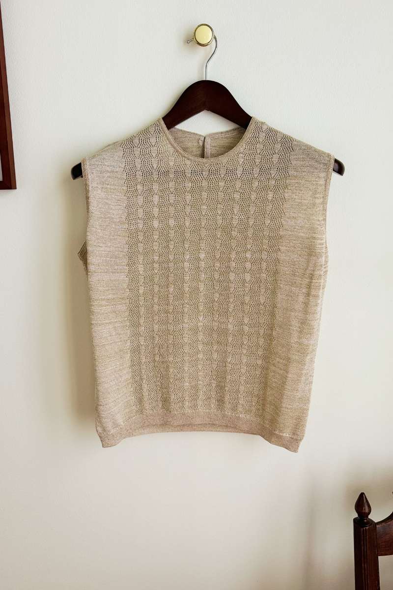 Beige sequined openwork knit top
