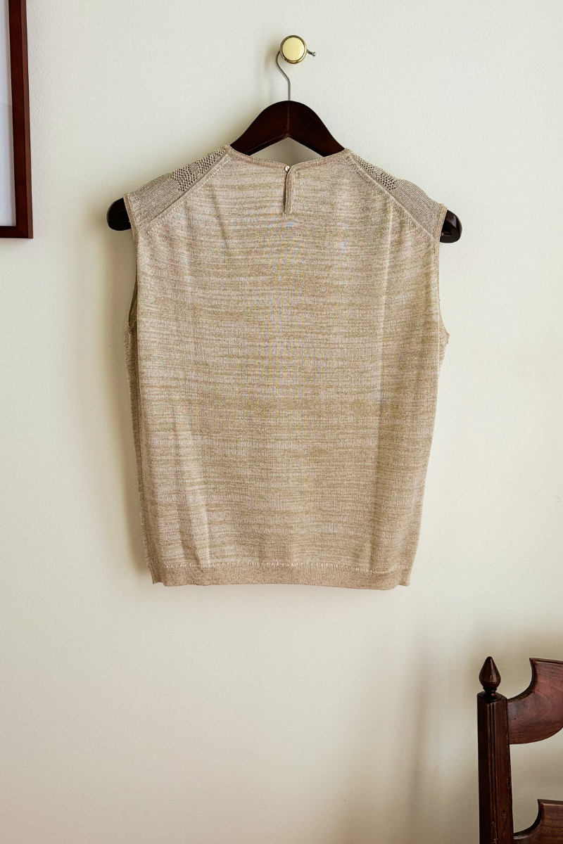 Beige sequined openwork knit top