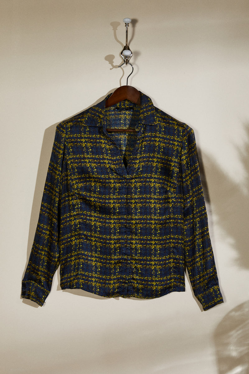 Navy printed silk blouse