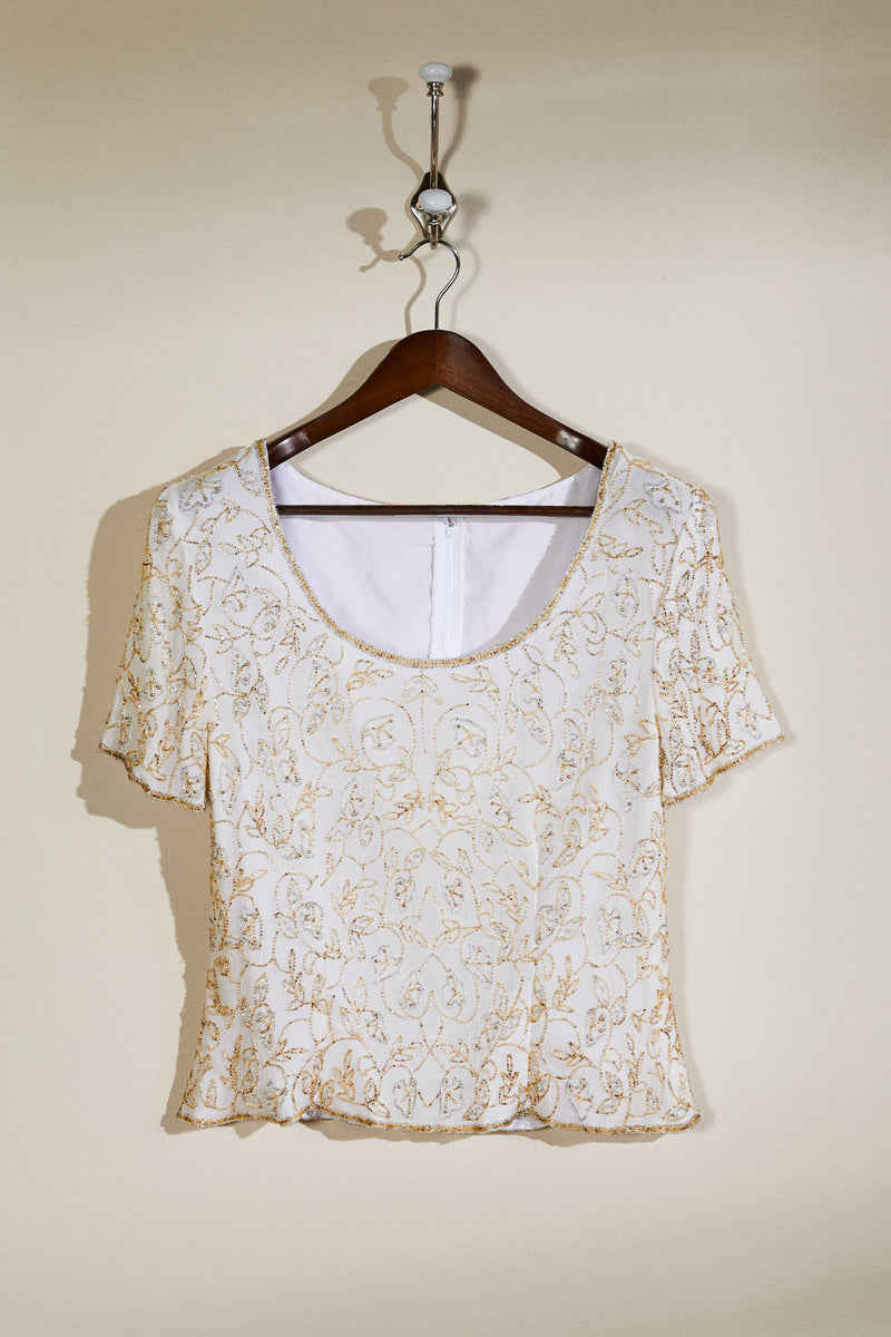 Ecru embroidered silk blouse