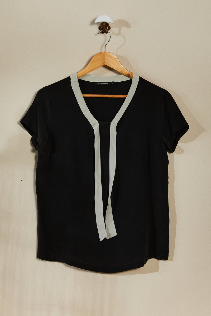 Black silk blouse with lavaliere