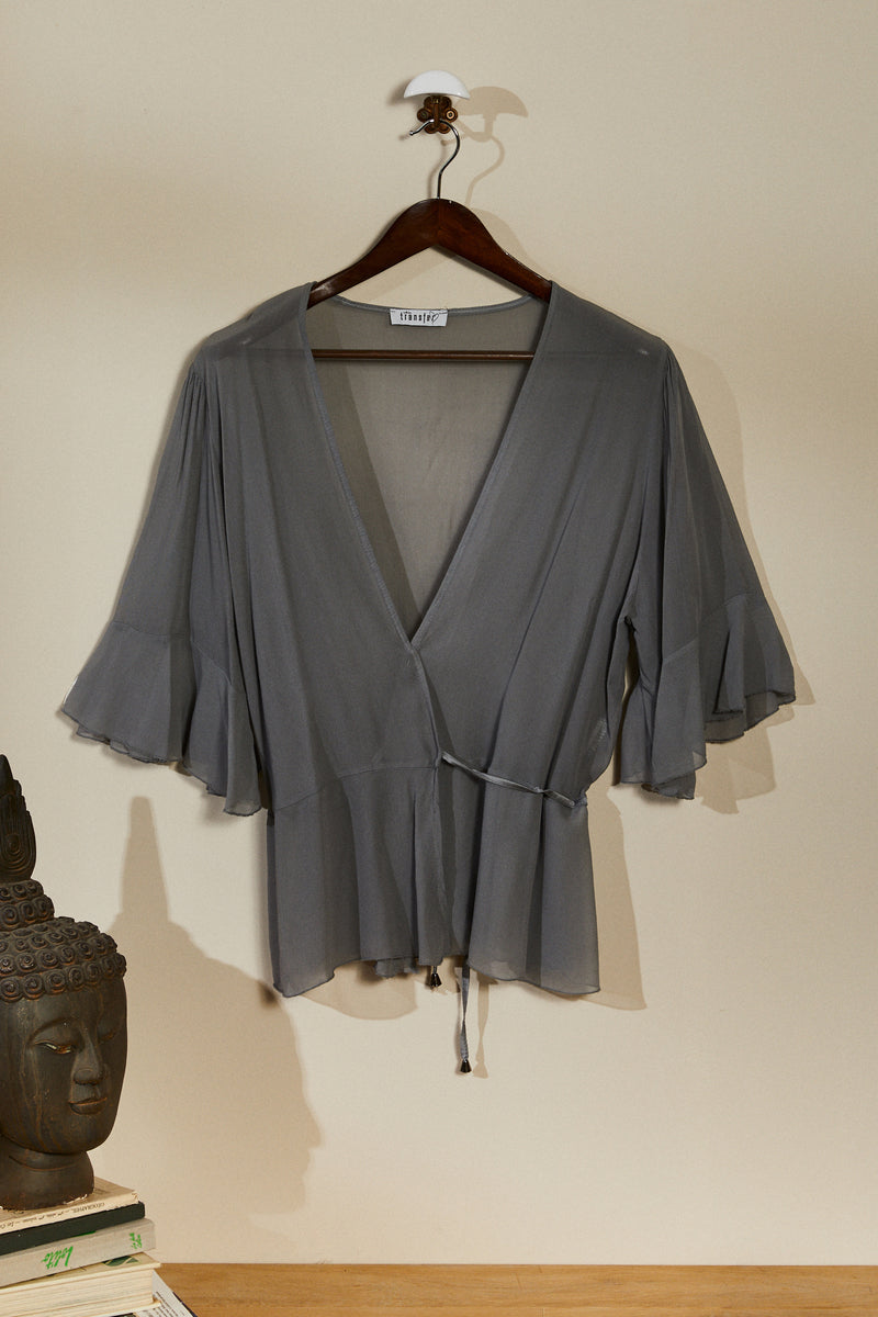 Gray wrap-around silk blouse