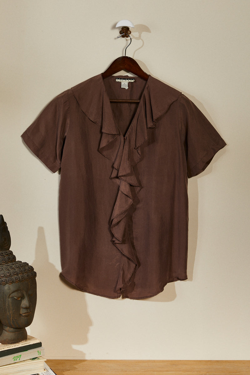 Brown ruffled silk blouse