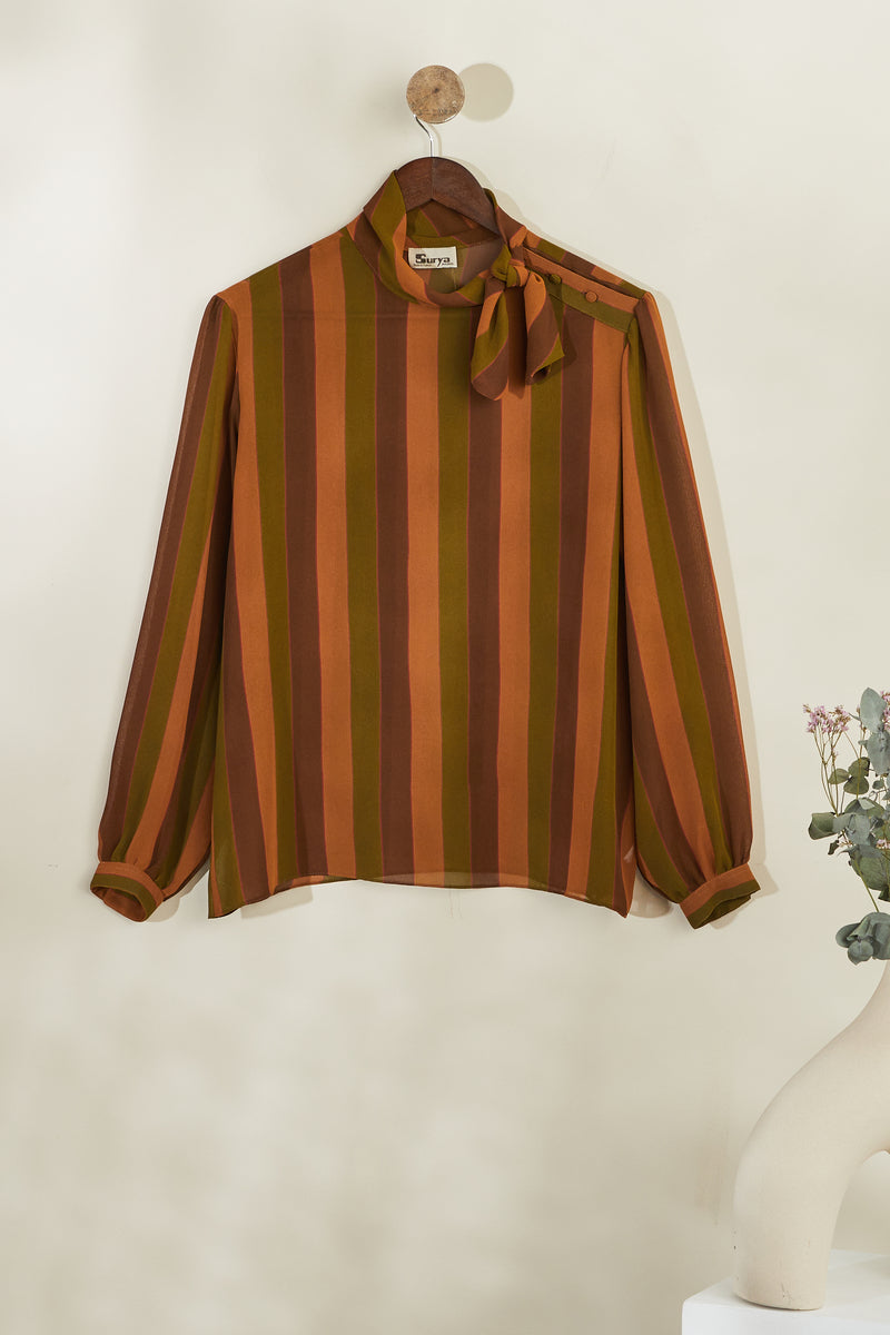 Striped blouse with camel lavaliere