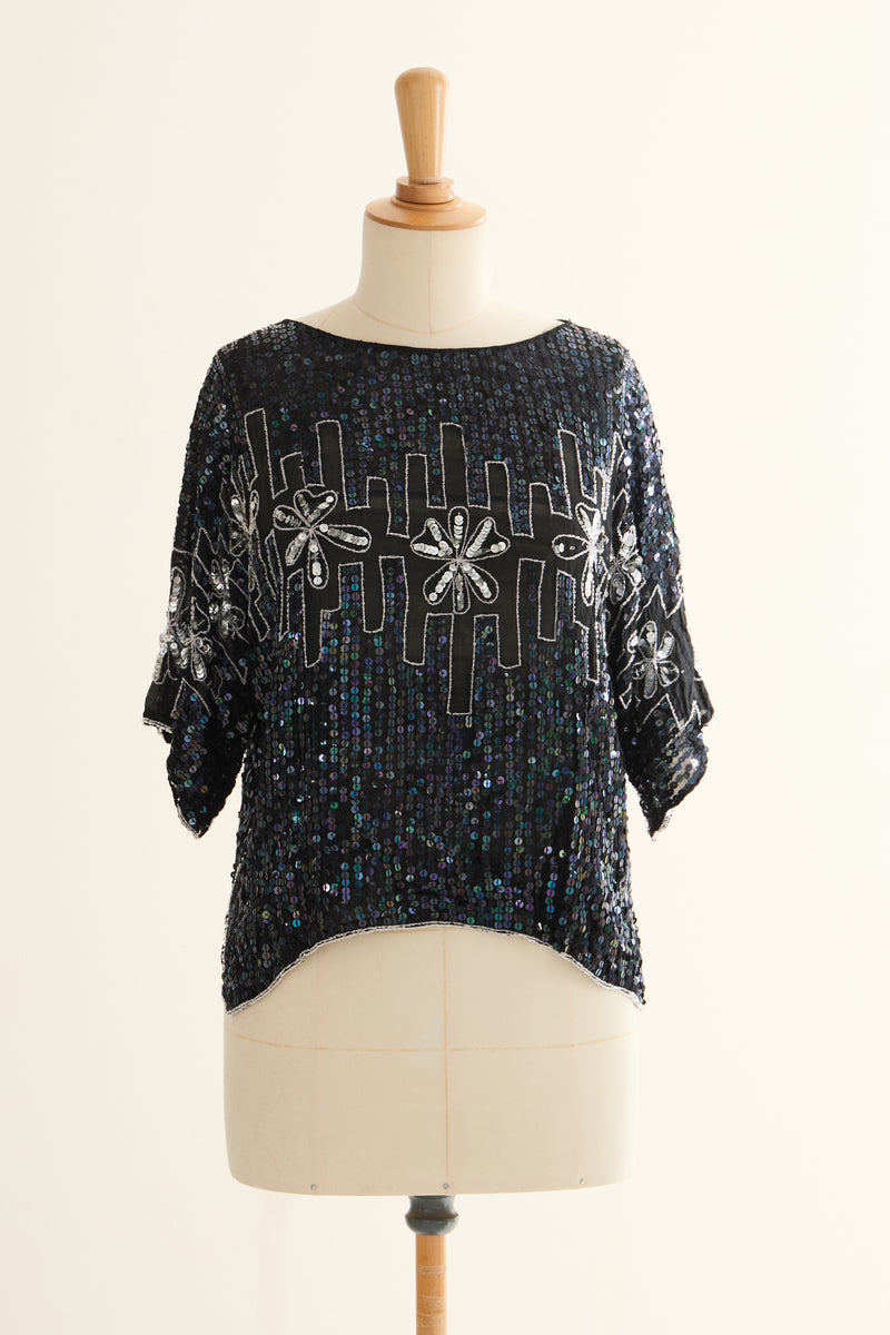 Black embroidered silk tank top