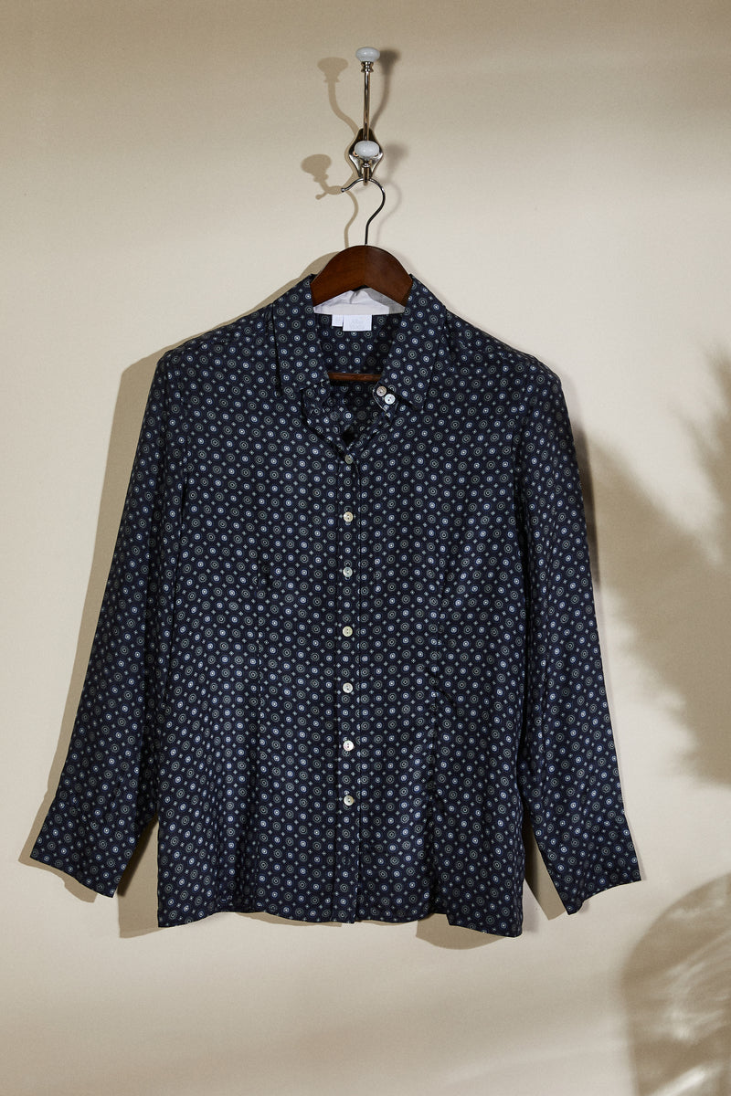 Navy patterned silk blouse