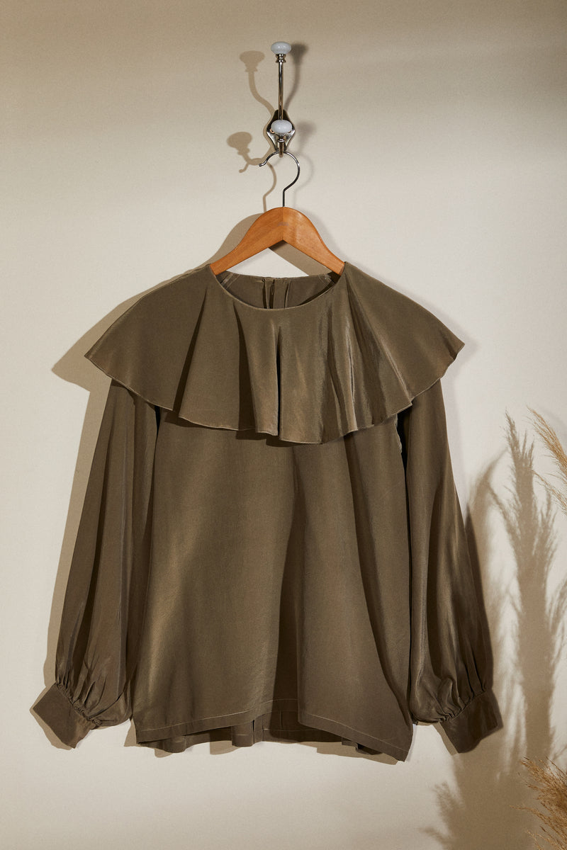 Taupe cape collar silk blouse