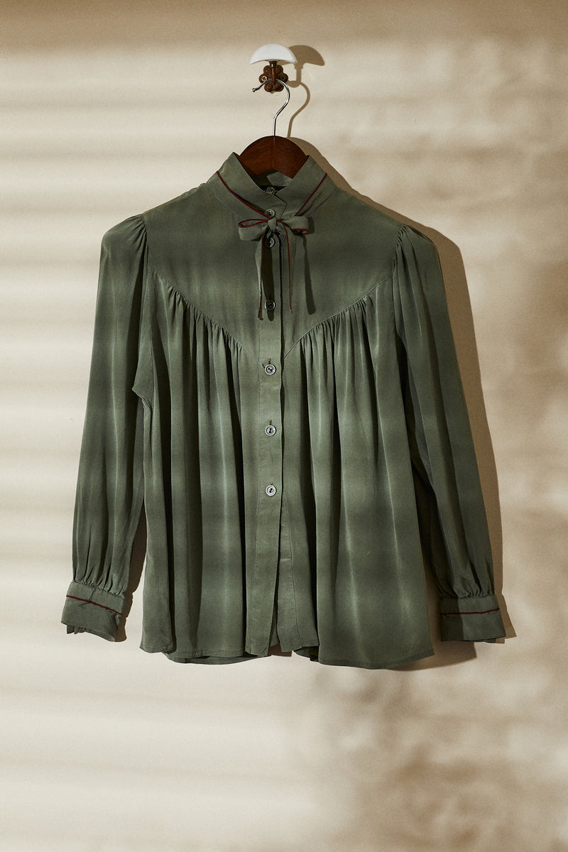 Khaki pussy-bow silk shirt
