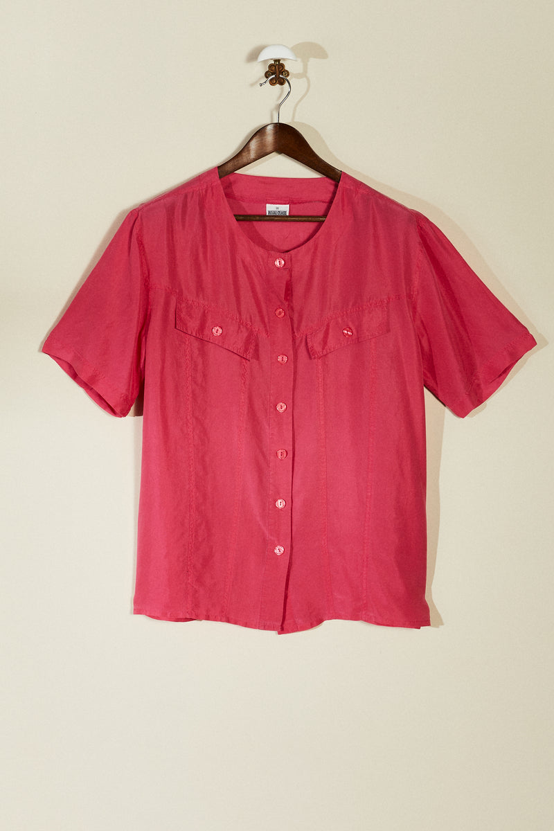 Chemise en soie col rond fuchsia
