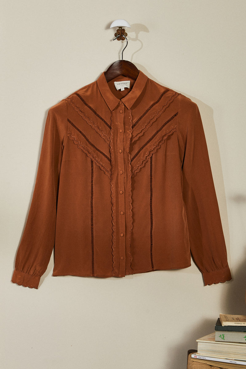 Camel ruffled silk shirt