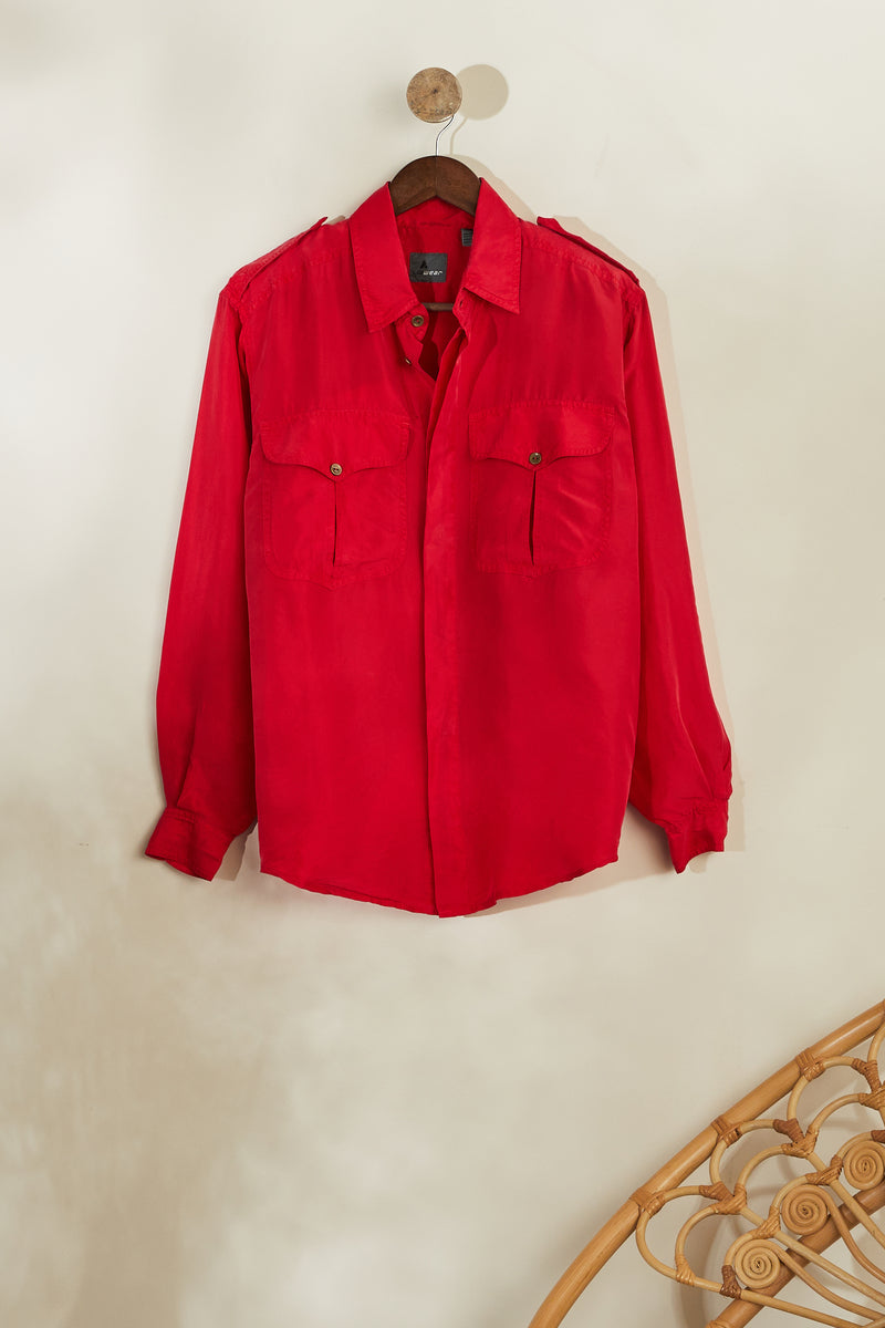 Red straight cut silk blouse