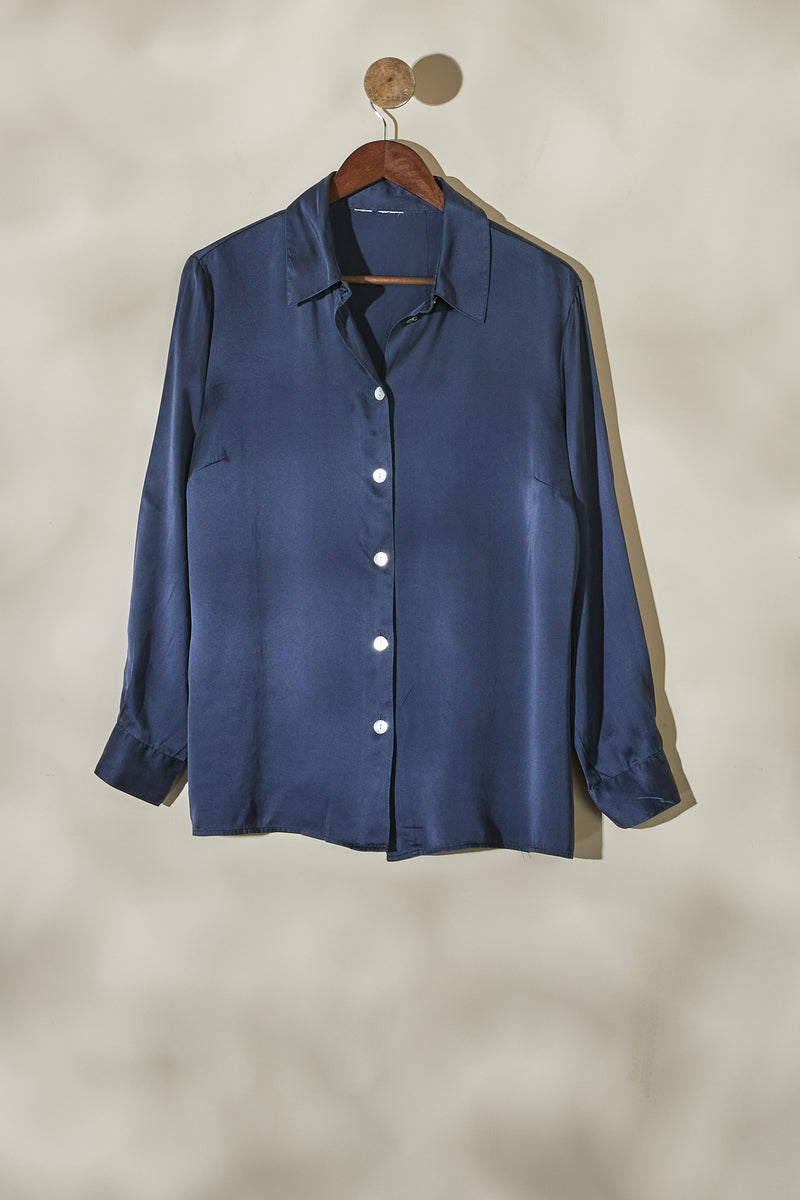 Navy satin silk blouse