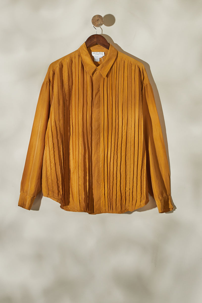 Ocher pleated silk blouse