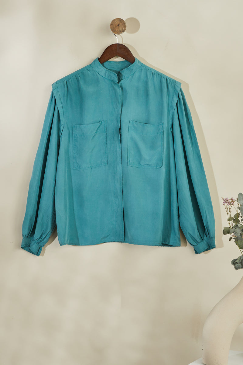 Blue paneled silk blouse