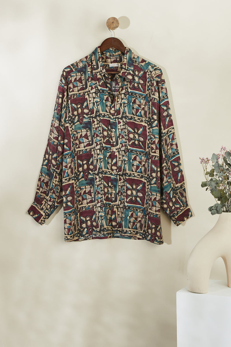 Burgundy abstract patterned silk blouse