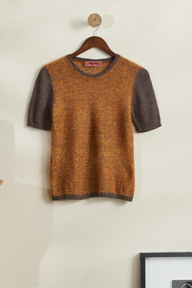 Short camel sequined mohair sweater