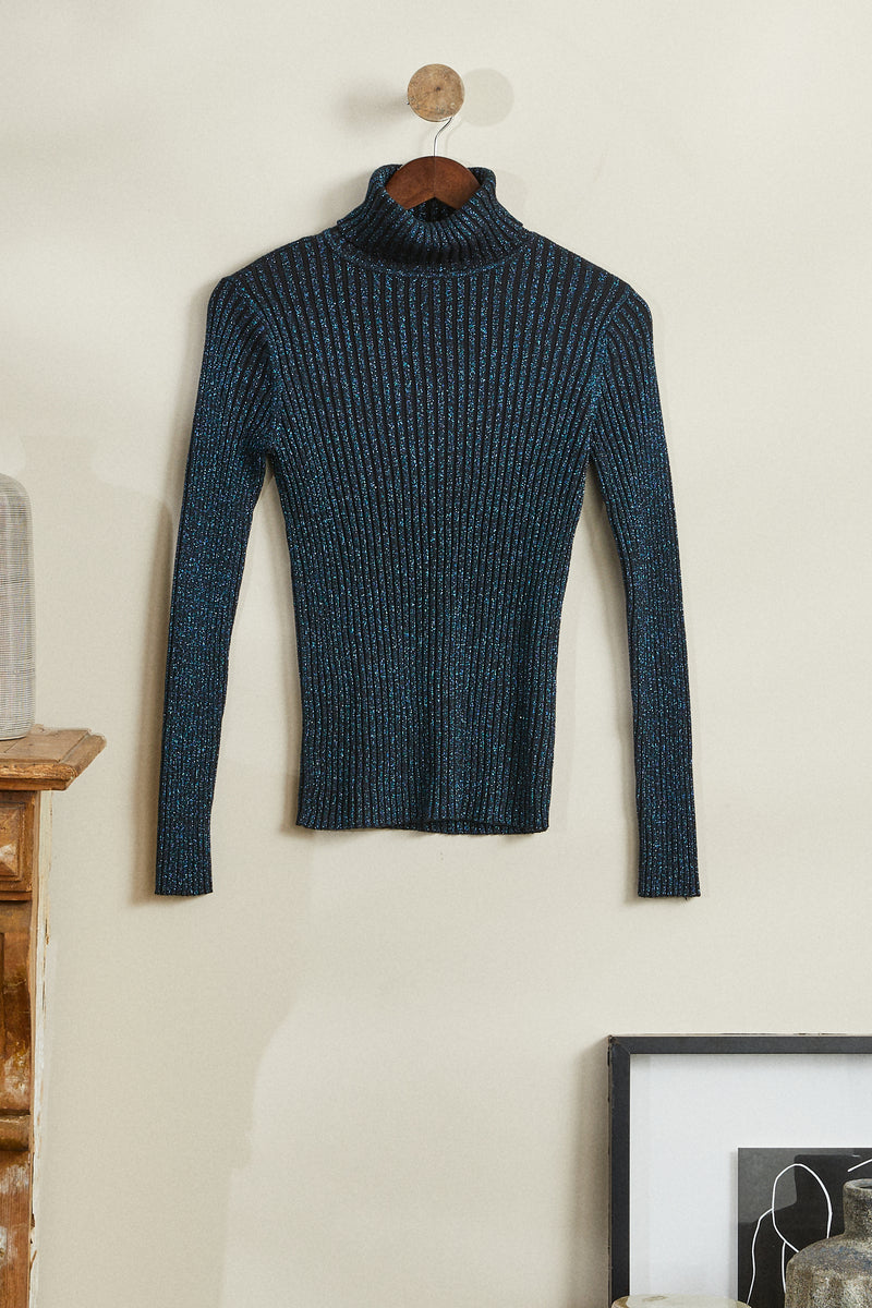 Pull fin en maille lurex bleu