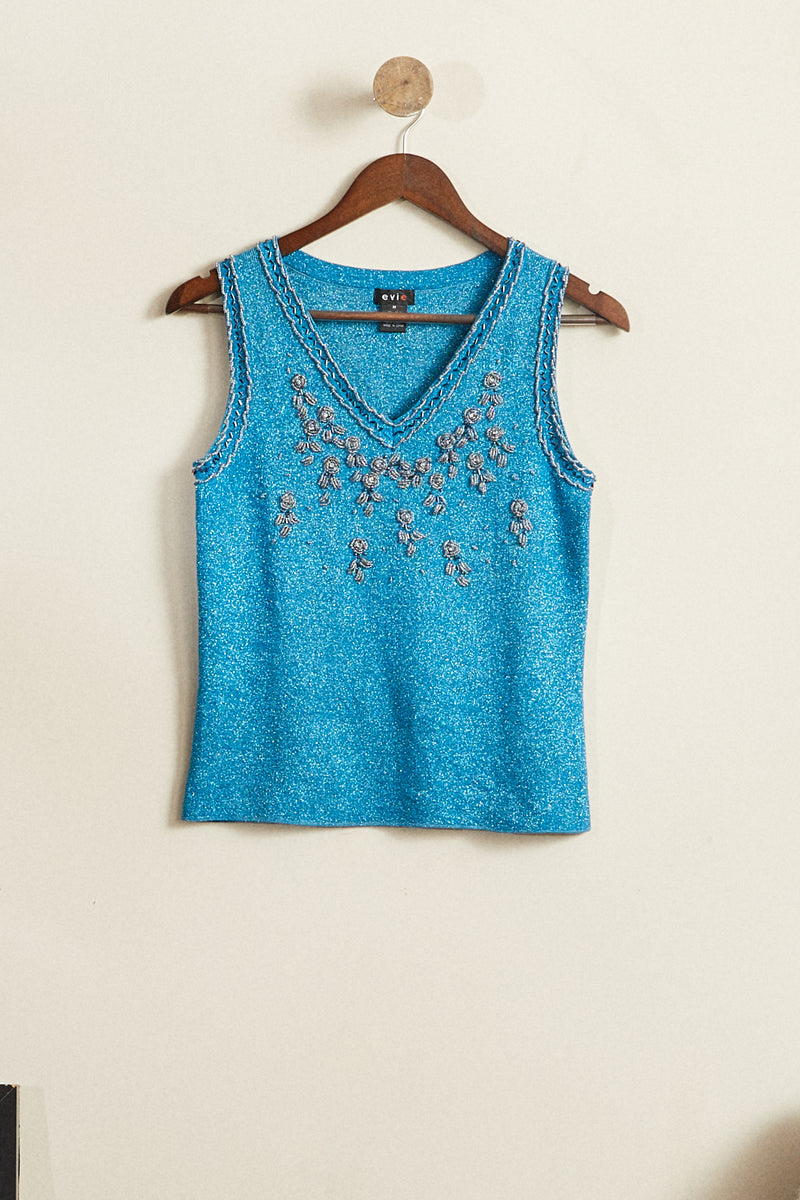 Pull sans manche en soie brodé bleu