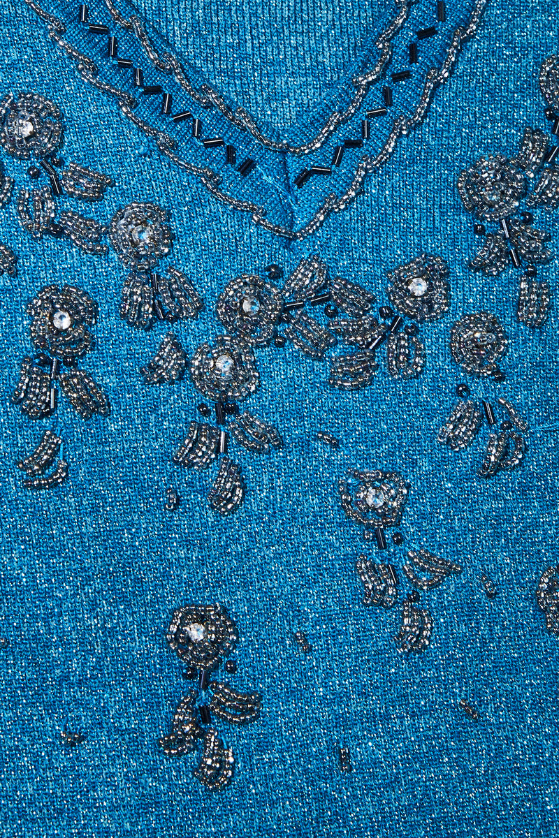 Pull sans manche en soie brodé bleu