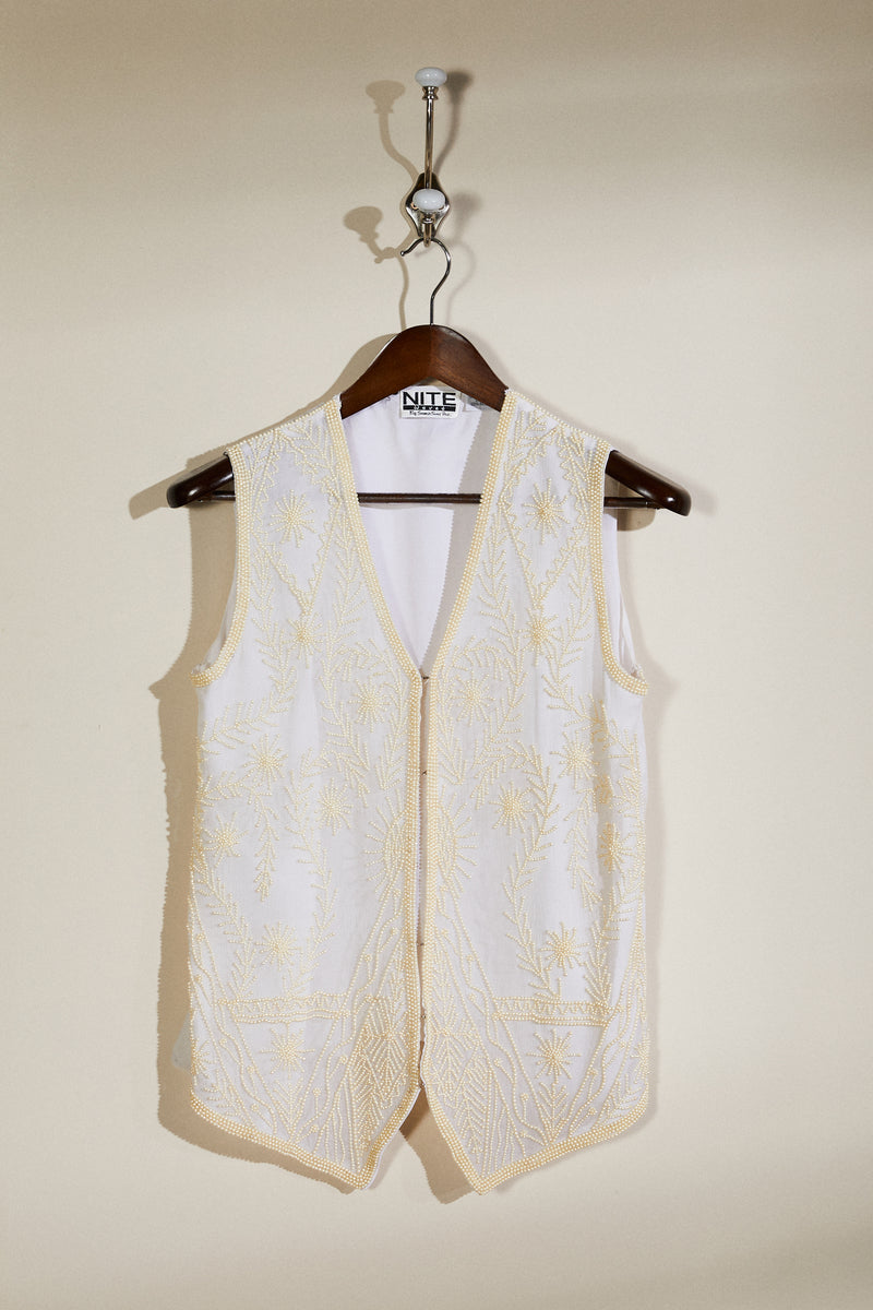 Veston en soie brodé de perles écru