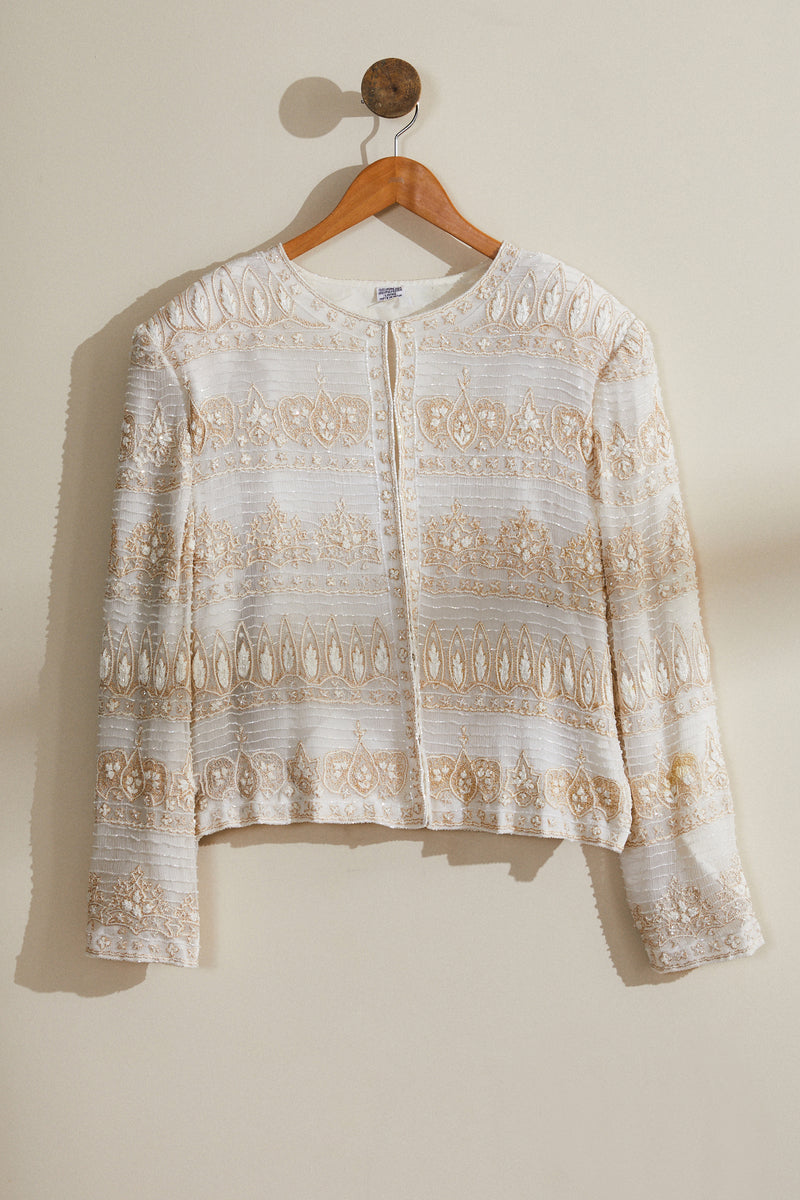 Veste en soie courte brodée écrue