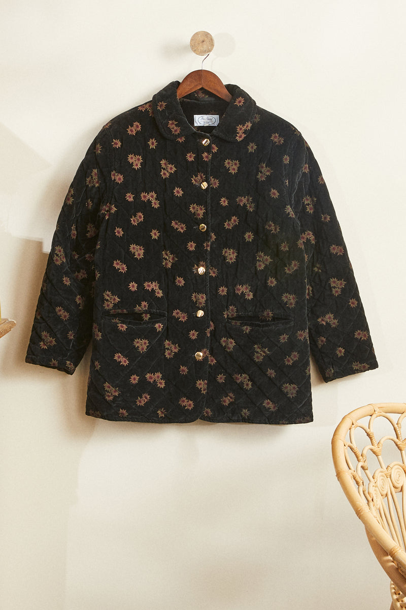 Veste matelassée velours courte à fleurs noire