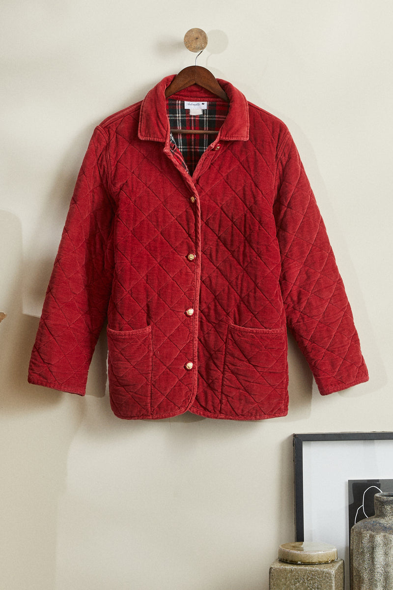 Red velvet quilted coat