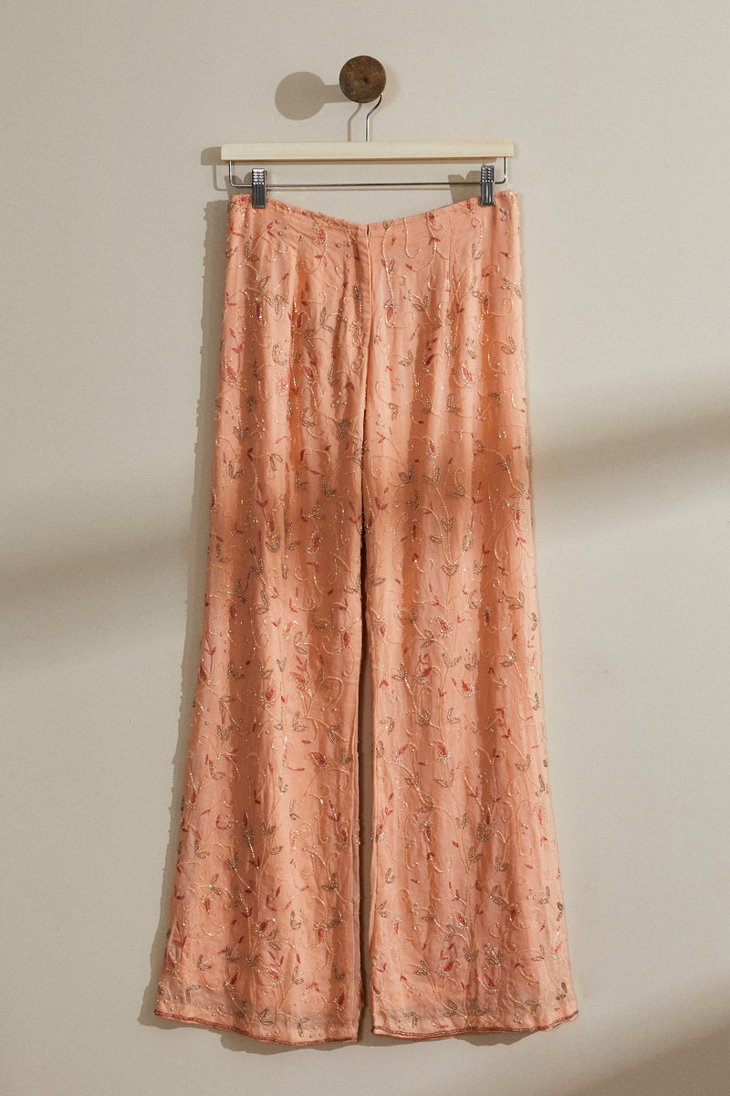 Pink pearl embroidered silk pants