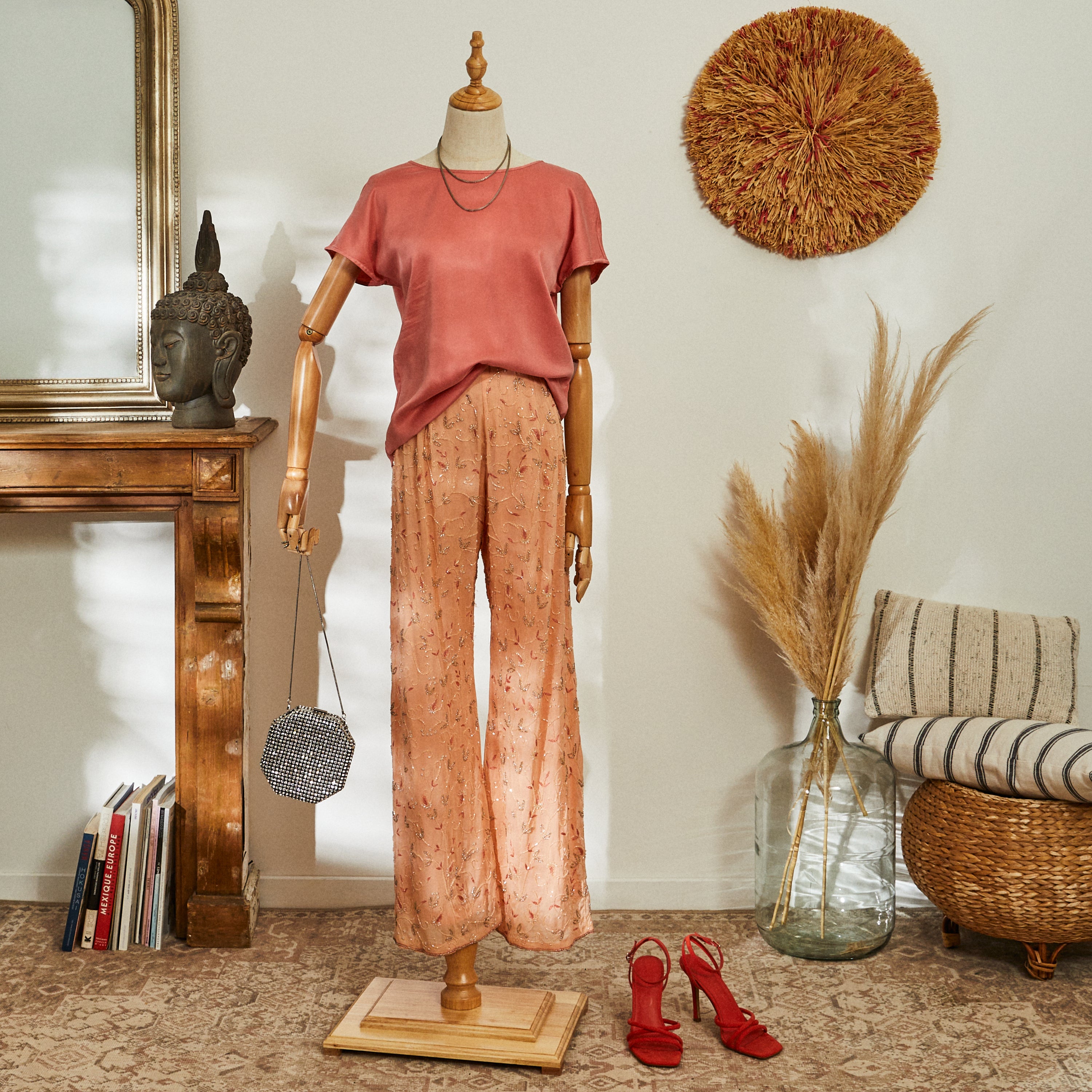 Pink pearl embroidered silk pants