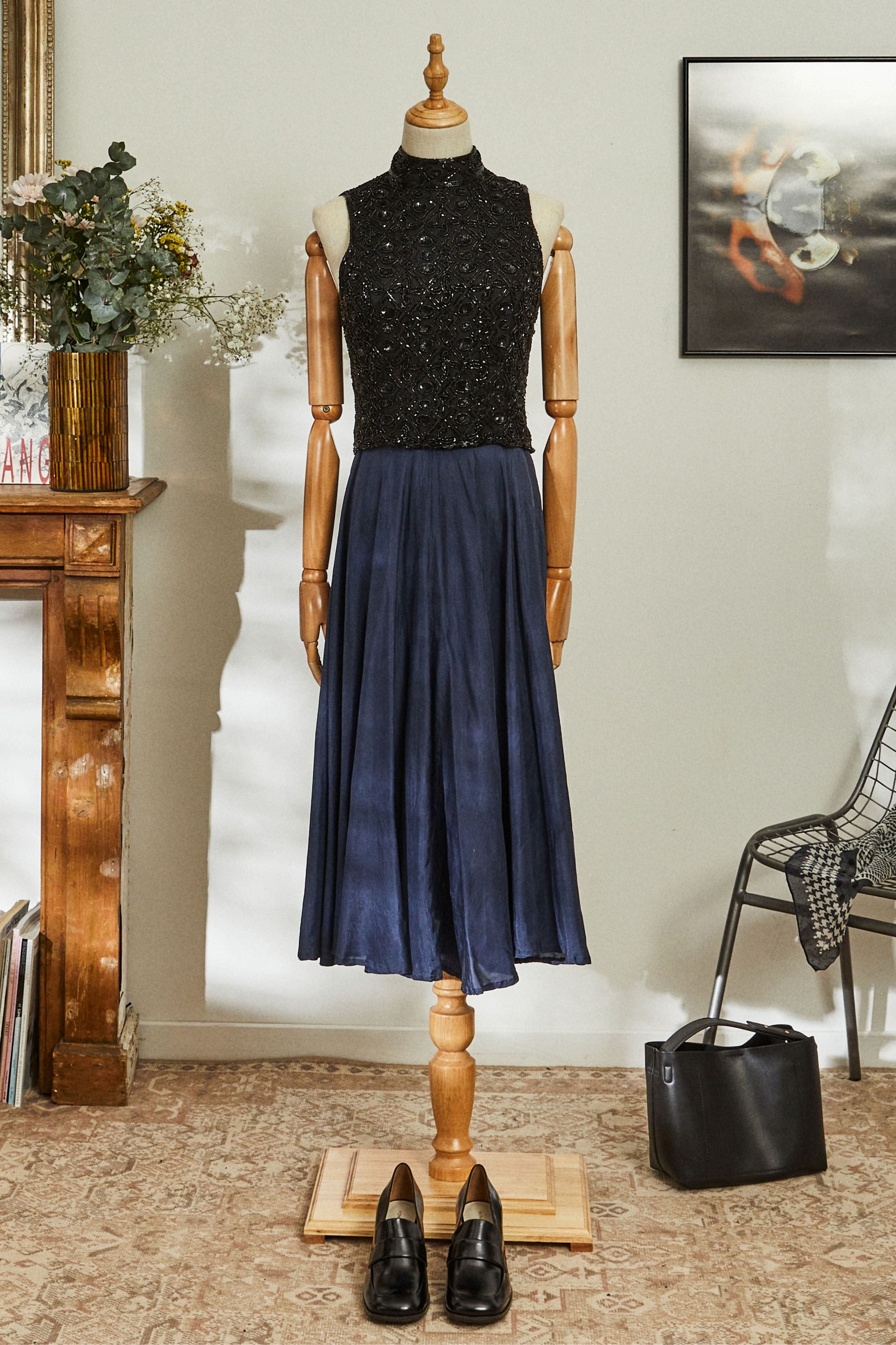 Long navy silk skirt