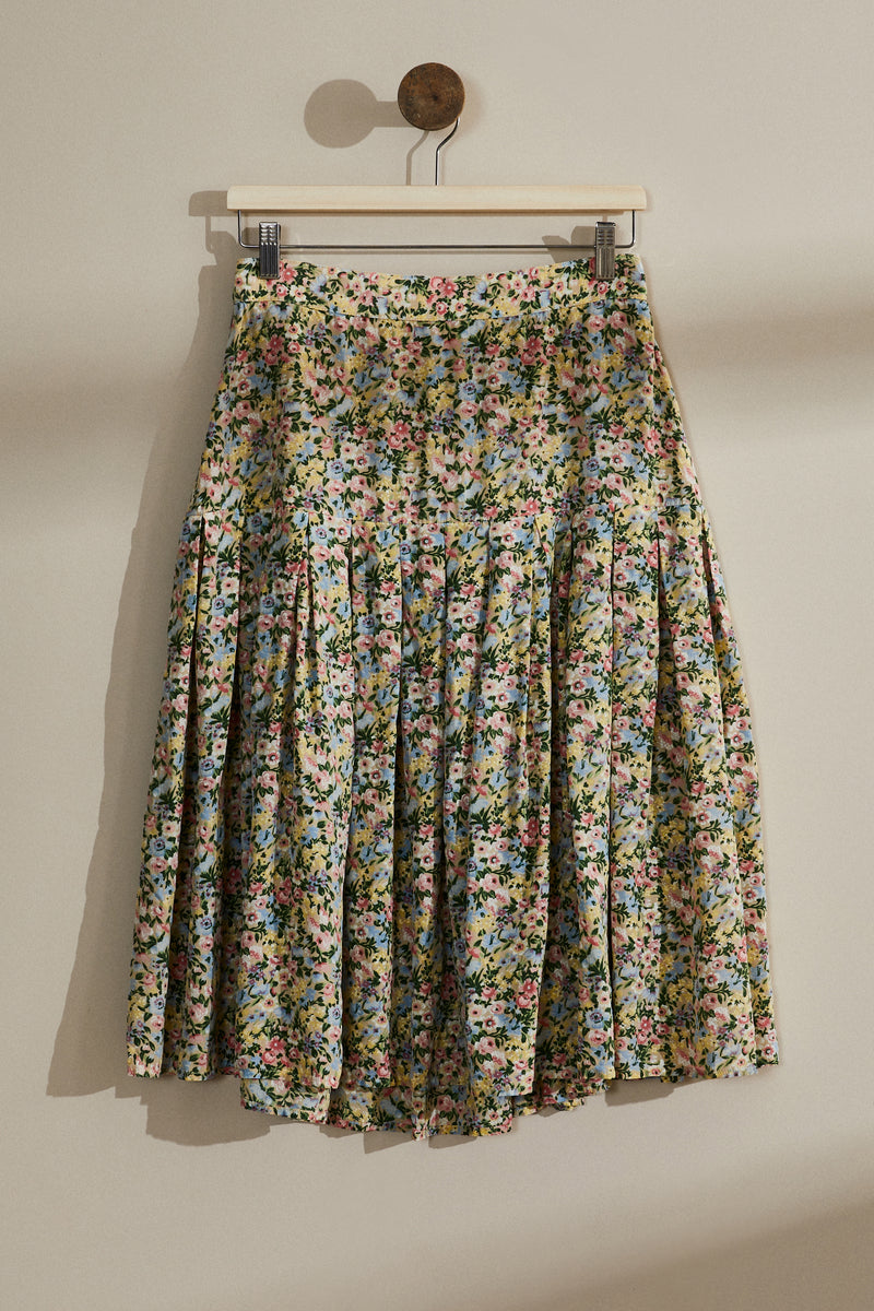 Multi-colored floral silk midi skirt
