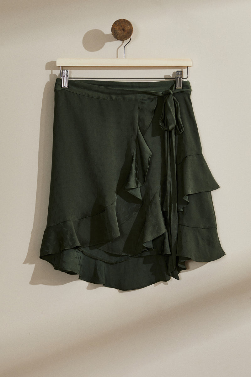 Short khaki ruffled wrap skirt