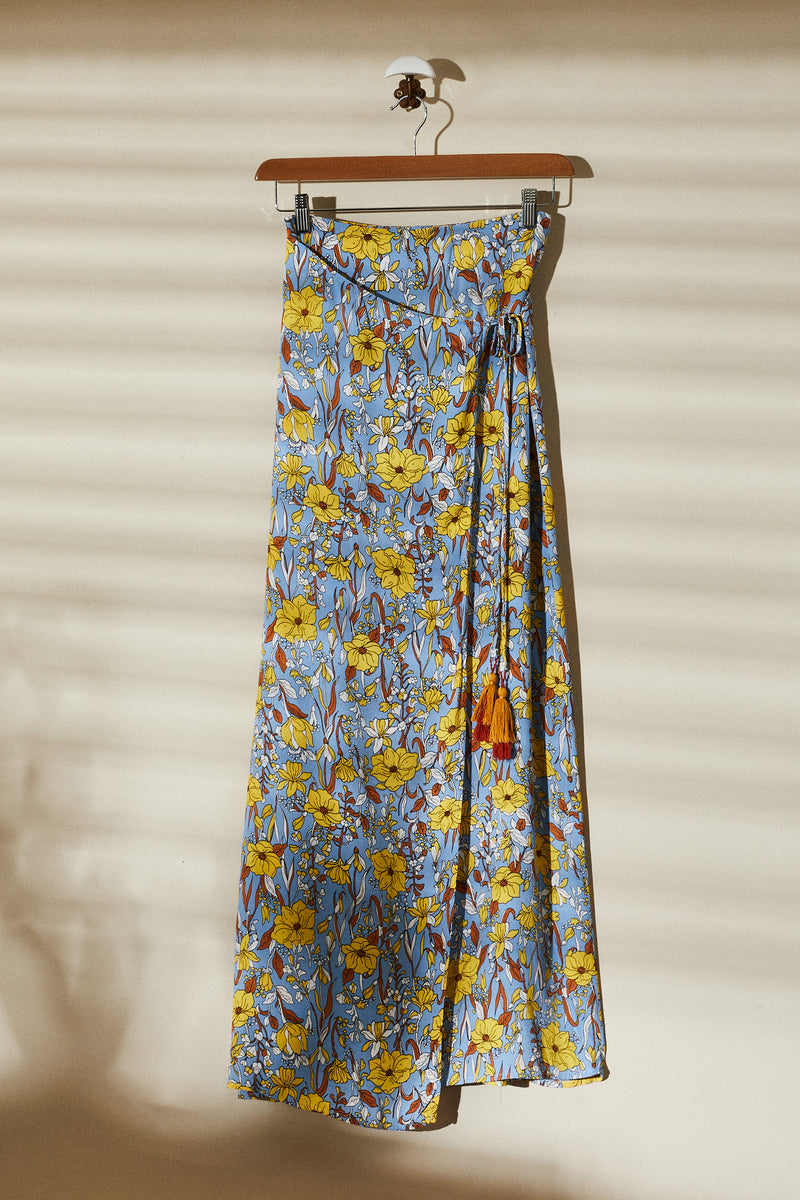 Long blue floral wrap skirt