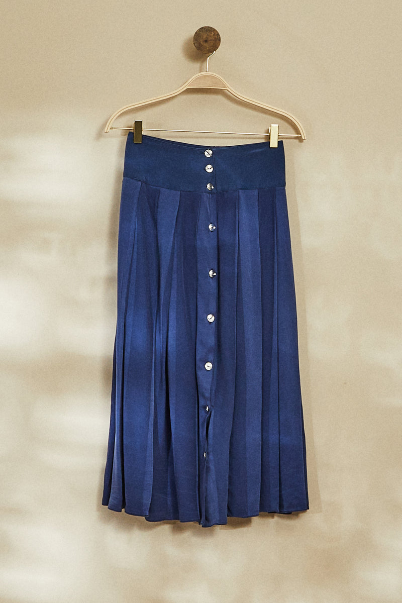 Blue buttoned silk midi skirt