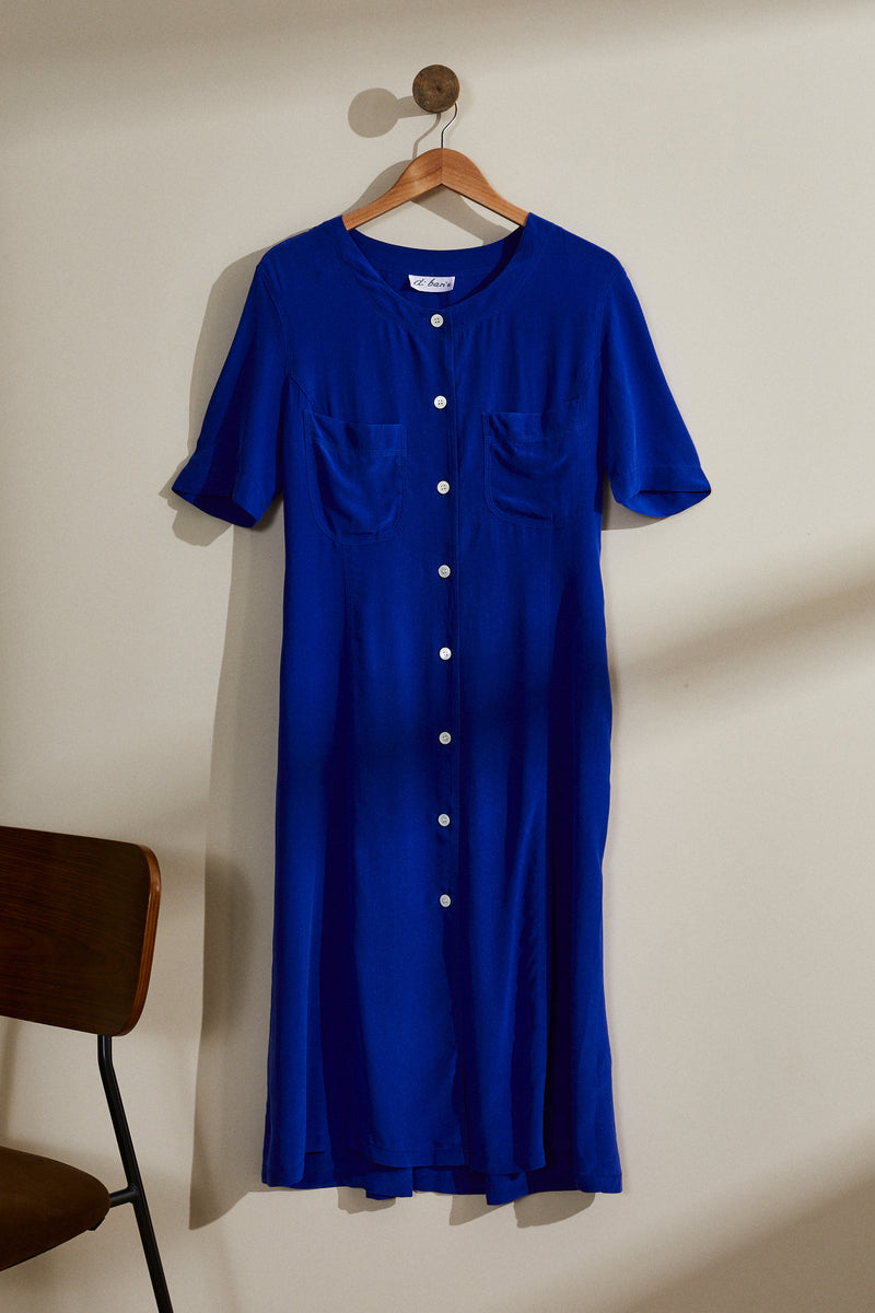 robe chemise soie bleue vintage m annees 90 - Main Image