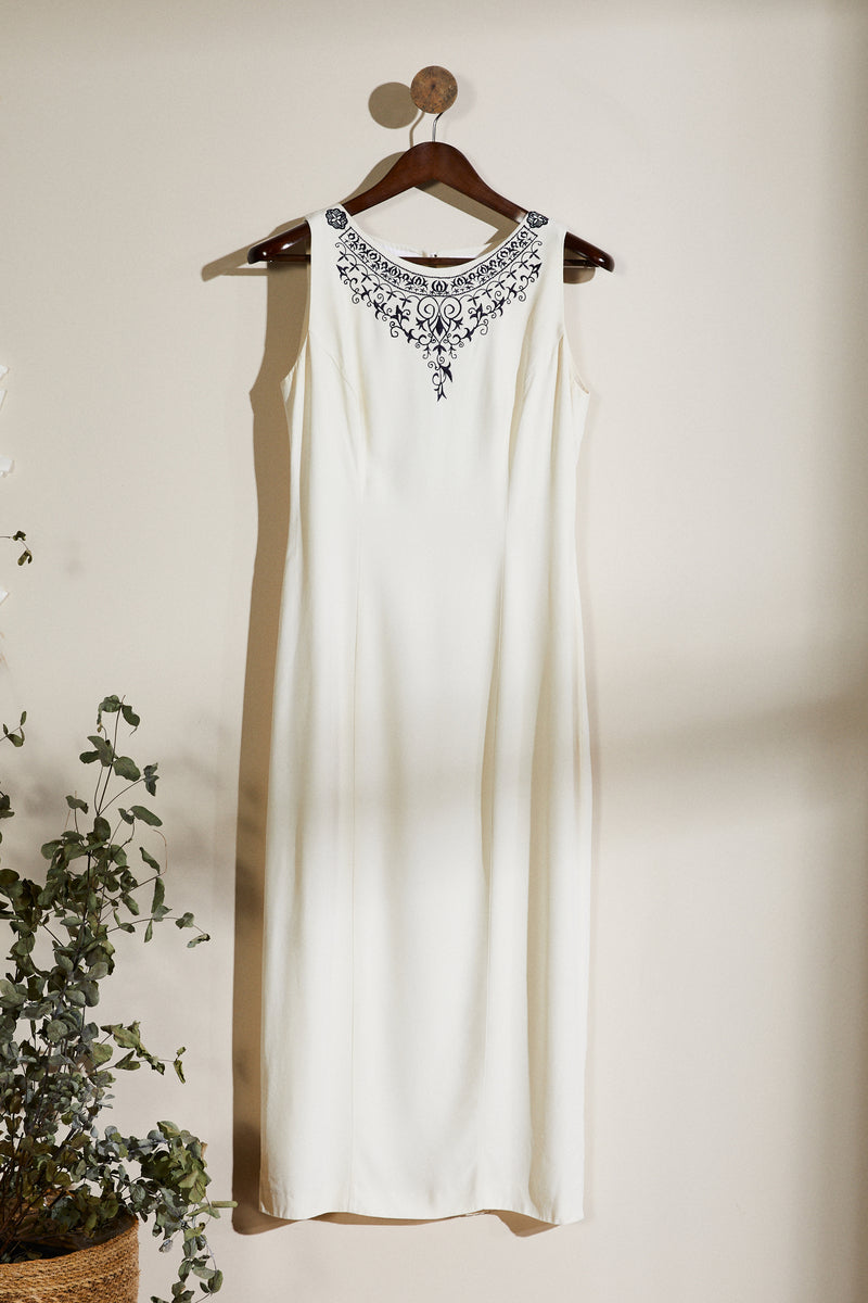 Long straight ecru embroidered dress