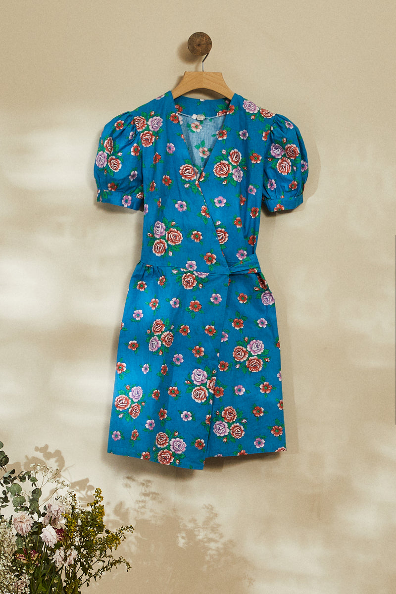 Short blue floral wrap dress