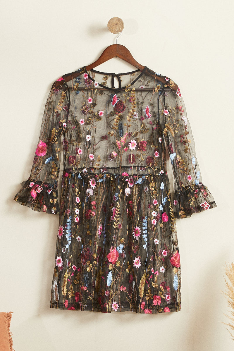 Robe courte transparente à fleurs noire