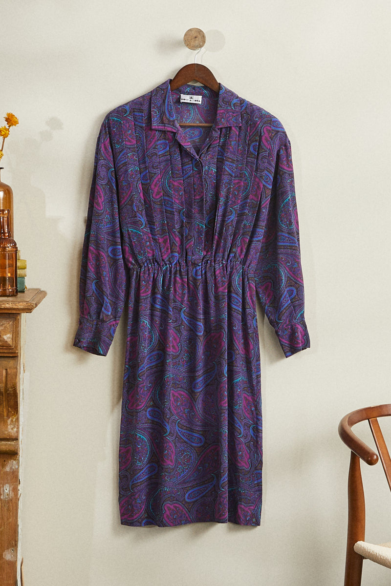 Robe midi en soie à motifs cachemire violette