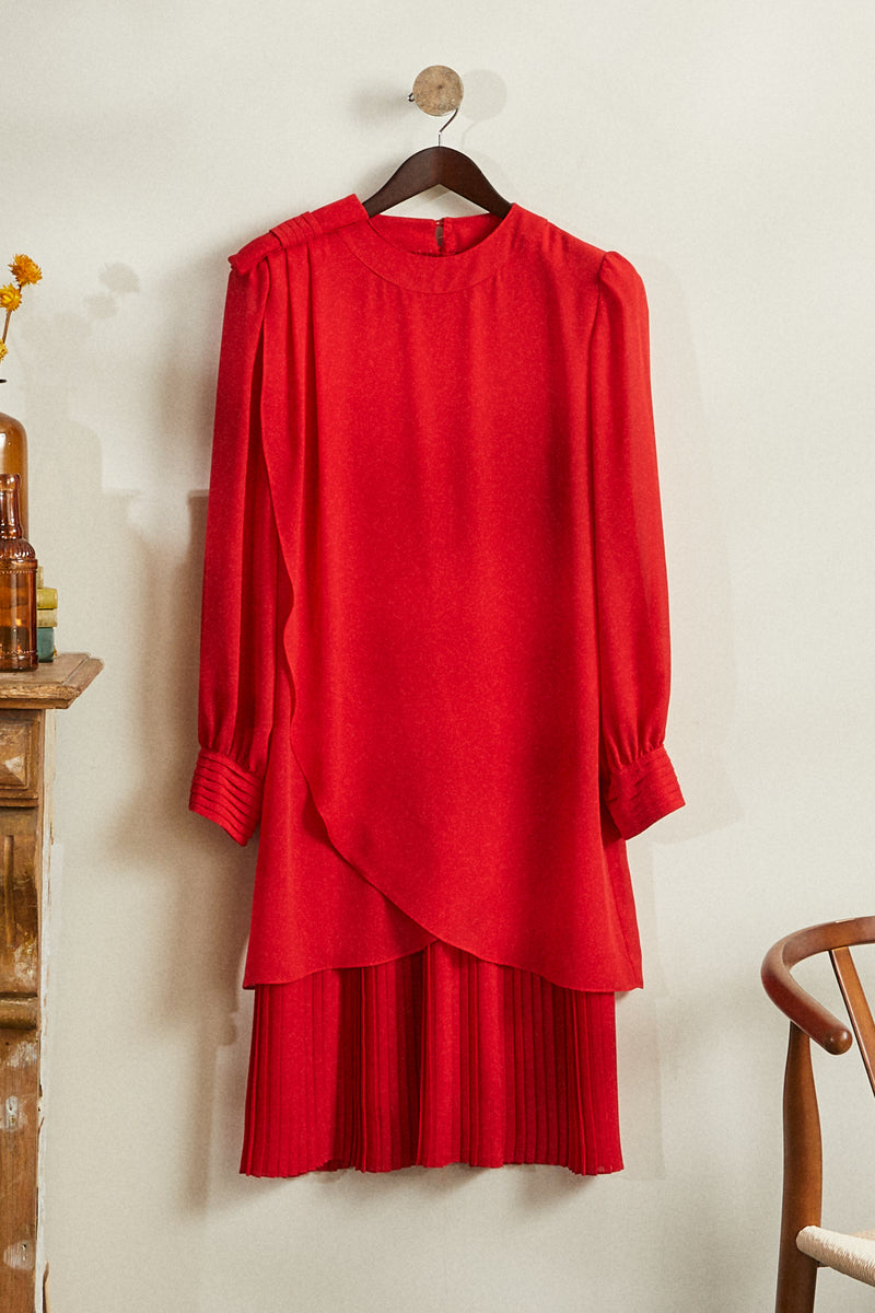 vintage-red-pleated-midi-dress-90s