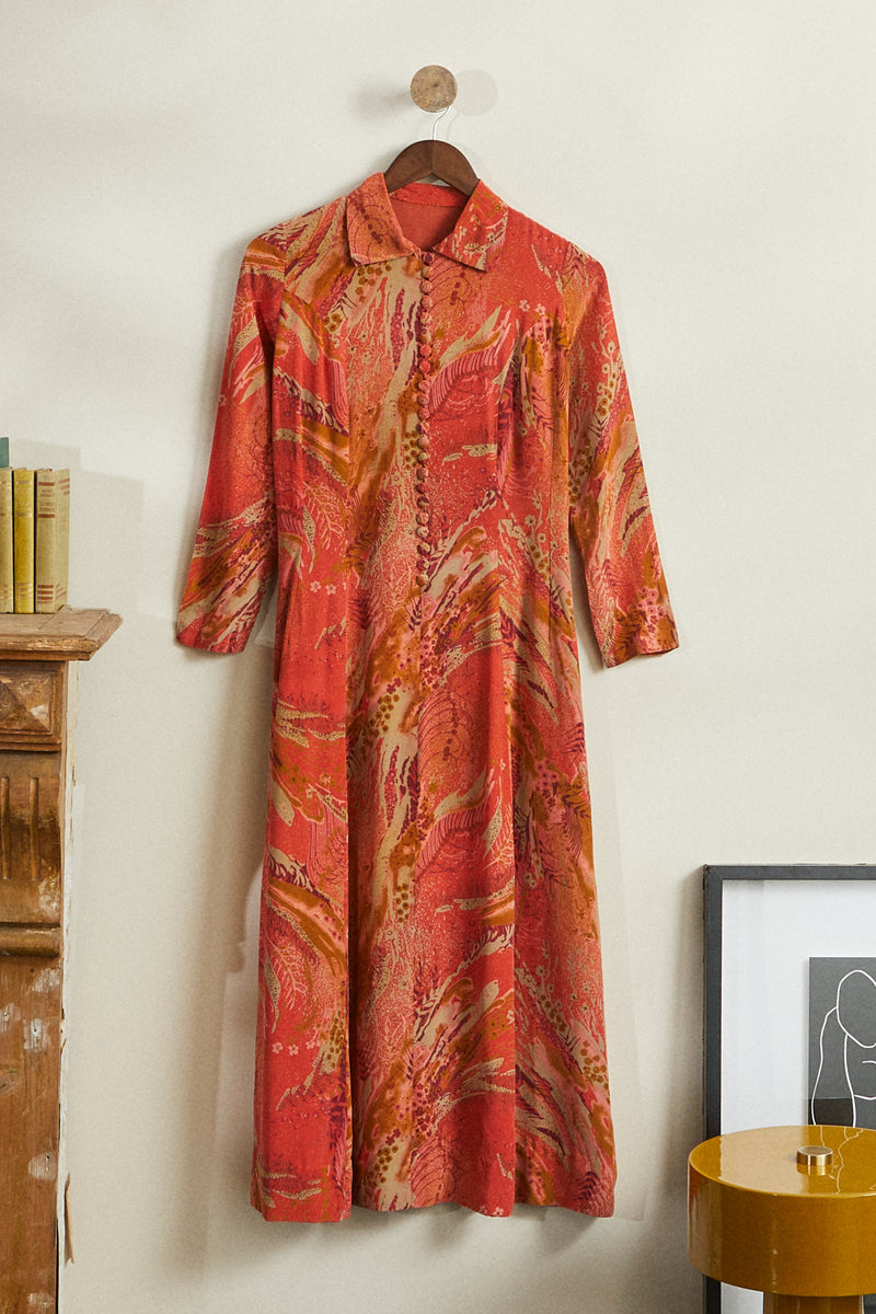 Robe longue en soie à motifs orange