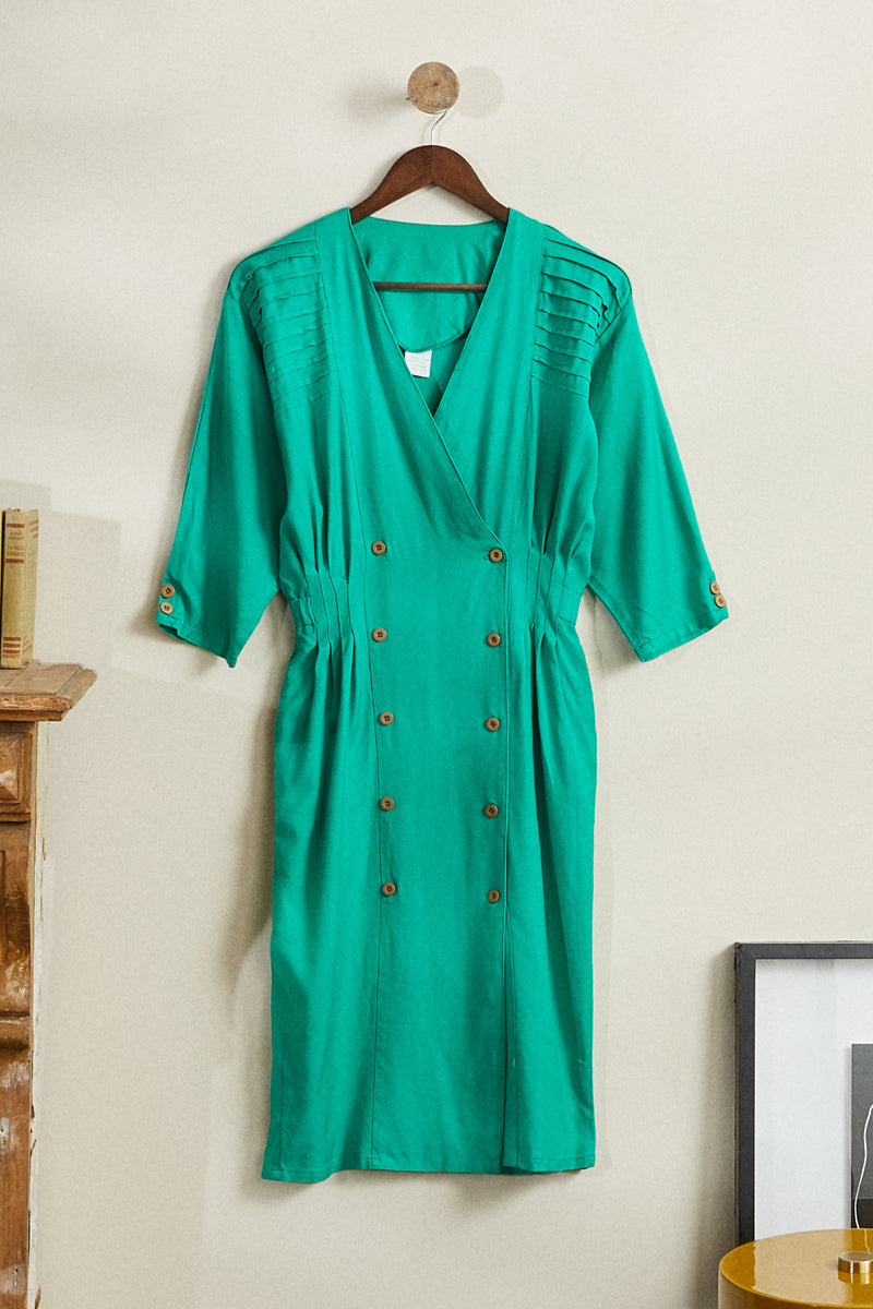 Green linen buttoned midi dress
