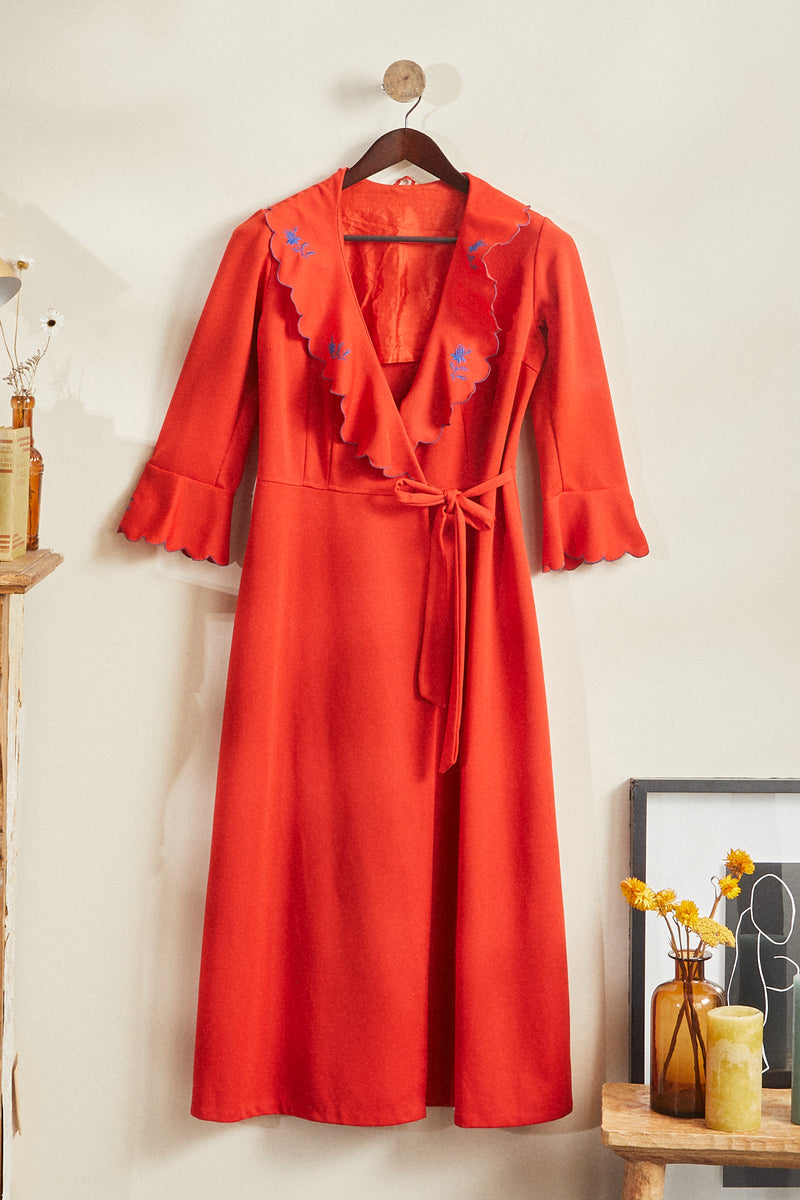 Long red embroidered wrap dress