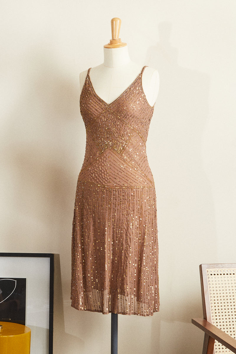 Robe midi en soie brodée bronze