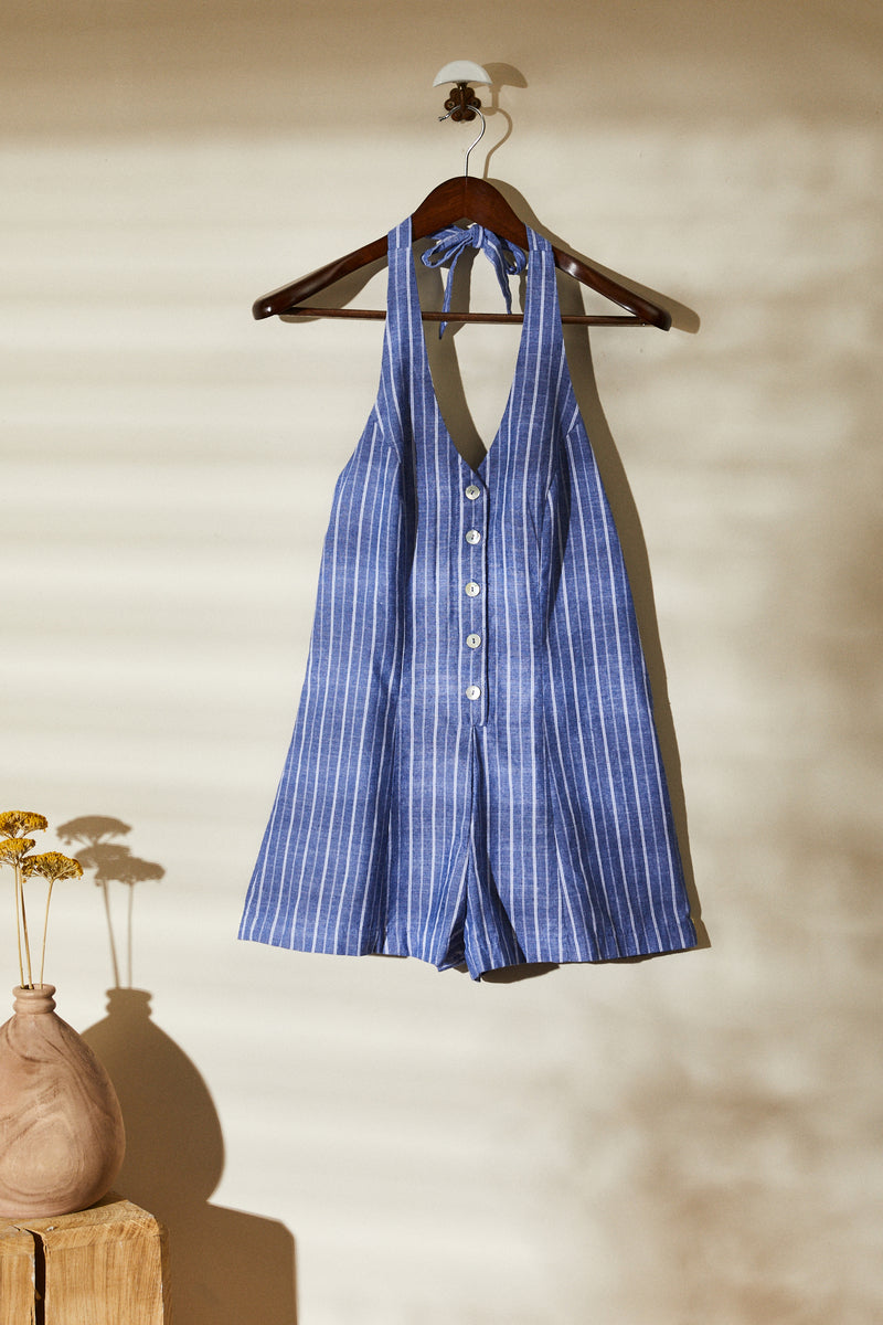 Blue striped backless playsuit